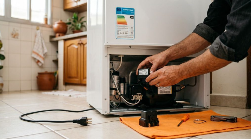 Técnico realizando reparo de eletrodoméstico